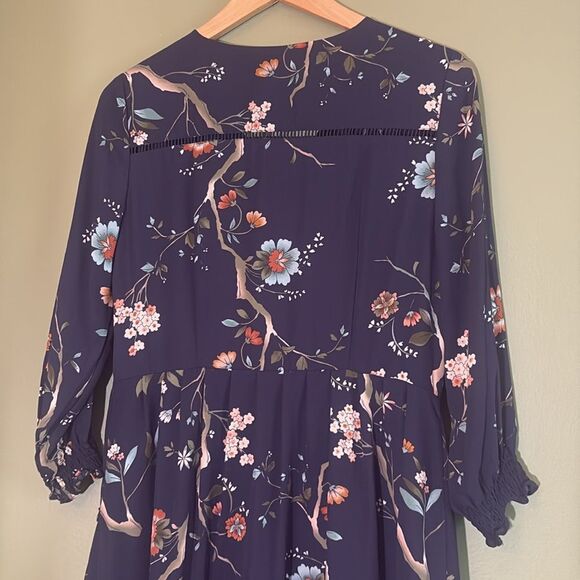 Nanette Lepore Navy Floral Print Ruffled Knee Length 3/4 Sleeve Dress Sz 10 - Picture 7 of 8